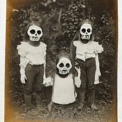 Image similar to children in scary macabre halloween masks daguerrotype rural area 1 8 9 0 s