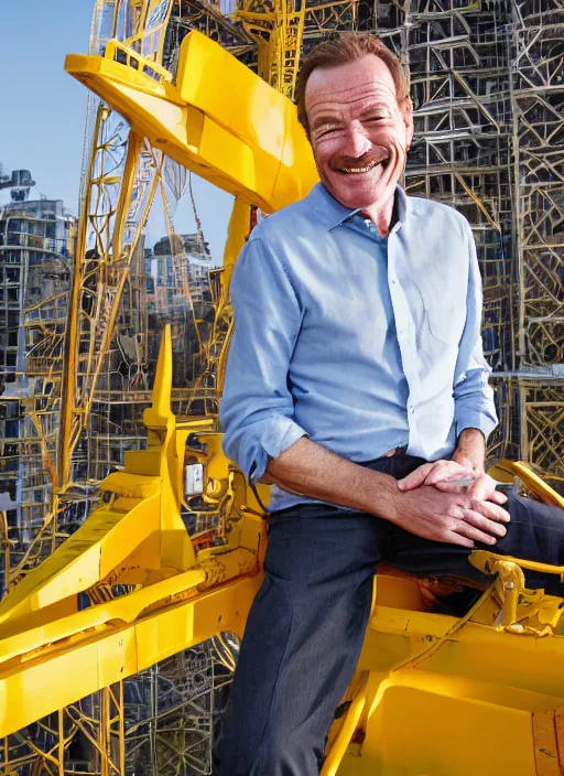 Image similar to closeup portrait of cheerful bryan cranston operating a crane, sitting in a crane, yellow hardhat, sitting in a crane, natural light, bloom, detailed face, magazine, press, photo, steve mccurry, david lazar, canon, nikon, focus