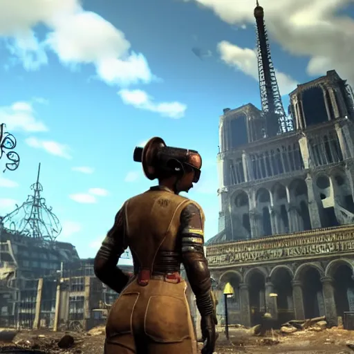 Prompt: promotional screenshot of fallout videogame set in paris