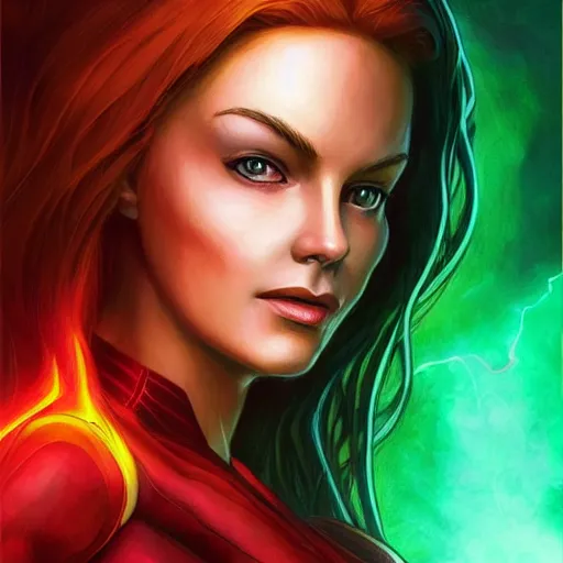 Prompt: jean grey, a full body portrait of jean grey, green eyes, red hair, phoenix rising, flames, flying, comic, x - men, highly detailed, artstation, deviantart, symetry, digital painting, vivid colors, realistic shaded perfect face, volumetric lighting, atmospheric, sharp focus, moody, art by artgerm and greg rutkowski, 8 k