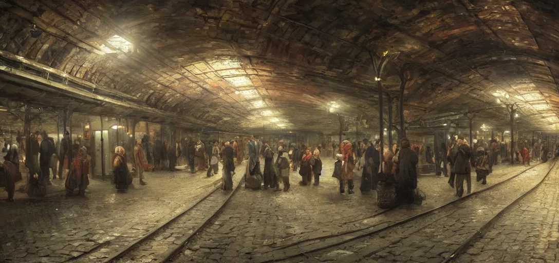 Image similar to market in an underground subway track by eugene von guerard, ivan shishkin, dramatic lighting, concept art, trending on artstation