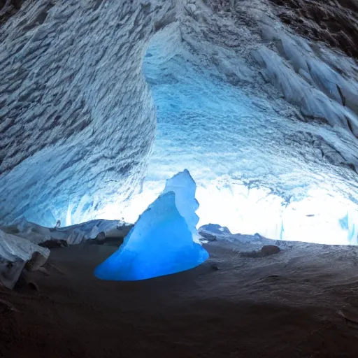 Image similar to dark glacier cave with a glowing spike of ice in the center, surreal,