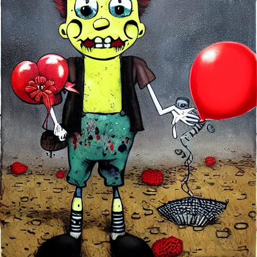 Image similar to grunge painting of spongebob with a wide smile and a red balloon by chris leib, loony toons style, pennywise style, corpse bride style, horror theme, detailed, elegant, intricate