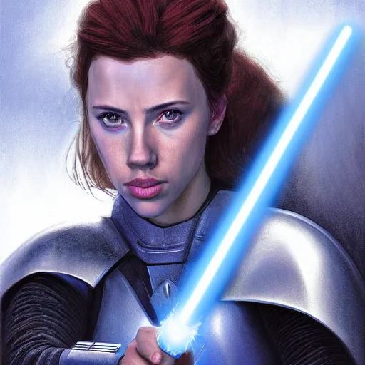 Prompt: head and shoulders portrait of a female knight, jedi, blue lightsaber, young scarlett johansson, star wars, by doug chiang, face detail, extremely detailed, digital illustration