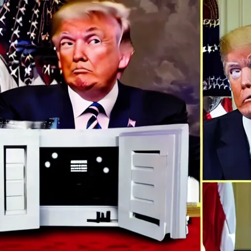 Image similar to Trump trying to protect his huge safe from the deep state agents wearing Storm Trooper gear, angry, kinetic, outrageous,