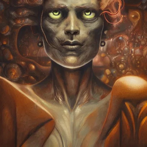 Image similar to detailed face of a woman with obsidian eyes in a biomorphic courtyard with dna sculptures at a science expo, atmospheric, ambient, pj crook, syd mead, livia prima, artgerm, greg rutkowski, nick alm, casey baugh