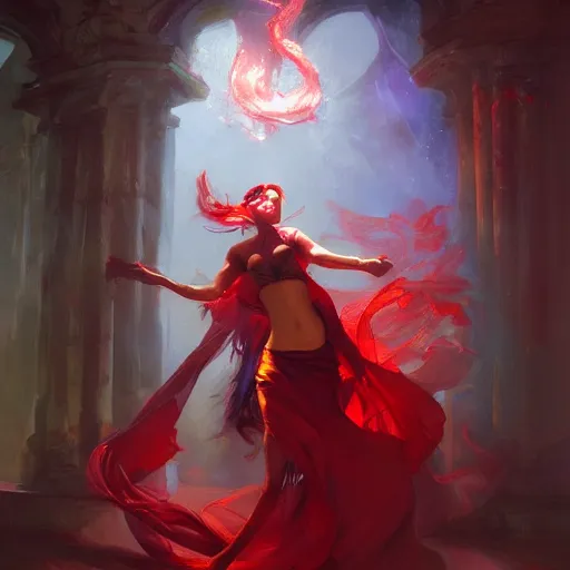 Image similar to a beautiful artwork of a scarlet sorceress performing magic, by raymond swanland and jesper ejsing, featured on art station, lighting study, concept art, beautiful composition, rim light