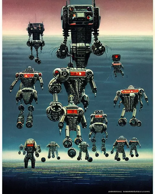 Image similar to attack of the killer robots, concept art, intricate details, highly detailed, vintage sci - fi poster, retro future, in the style of chris foss, rodger dean, moebius, michael whelan, and gustave dore