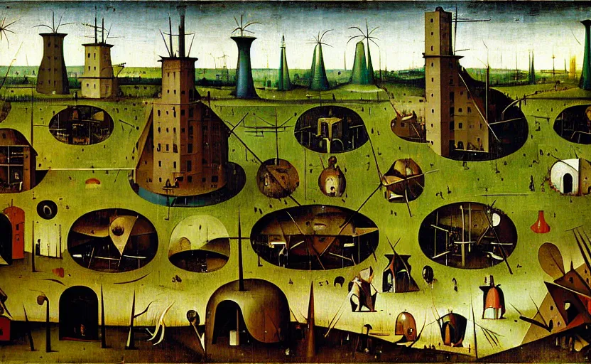 Image similar to geometric painting of industrial buildings surrounded by undergrowth by hieronymus bosch