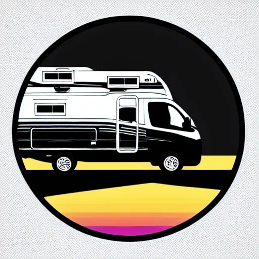 Image similar to logo, white and black cute thor chateau motorhome camper, highway, mountains and sunset!!, everything enclosed in a circle, happy, professional colorful logo illustration