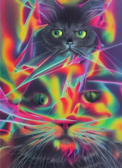Prompt: futuristic fine lasers tracing, futuristic laser cat, fluffy selkirk rex longhair, by steven meisel, kaws, rolf armstrong, mondrian, kandinsky, perfect geometry abstract acrylic, octane hyperrealism photorealistic airbrush collage painting, dark monochrome, fluorescent colors, minimalist rule of thirds, eighties eros