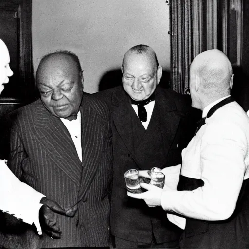 Prompt: young bald black man meeting Winston Churchill with whiskey, old photo, colorized