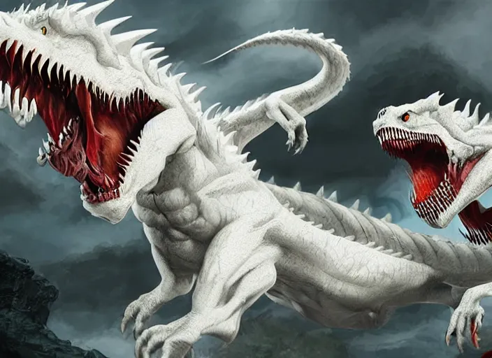 Prompt: a white dragon fighting a tyrannosaurus rex, intricately detailed, concept art