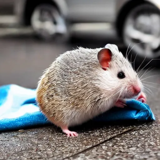 Prompt: soaking wet homeless hamster begging for money on the side of the road, tattered clothing, sitting on a tattered blanket