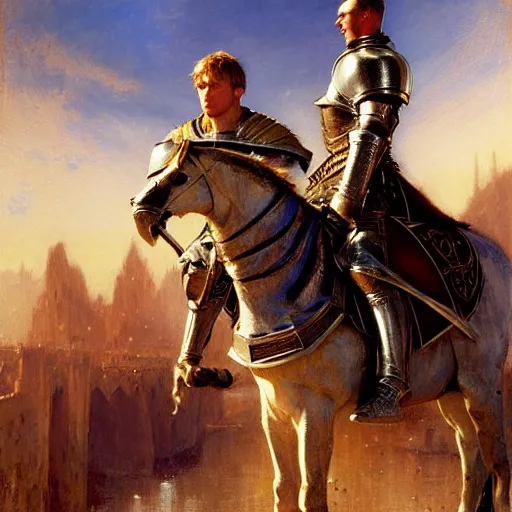 Prompt: attractive arthur pendragon and his attractive male knight, in camelot. highly detailed painting by gaston bussiere, j. c. leyendecker, greg rutkowski, craig mullins 8 k