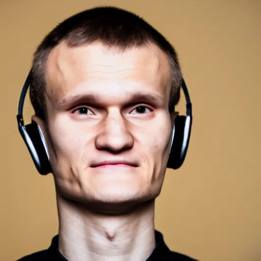 Image similar to vitalik buterin in headphones looking at camera. 8 5 mm, medium shot