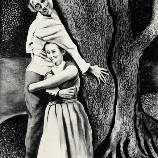 Image similar to Marie Curie hugging a tree by Salvador Dalí