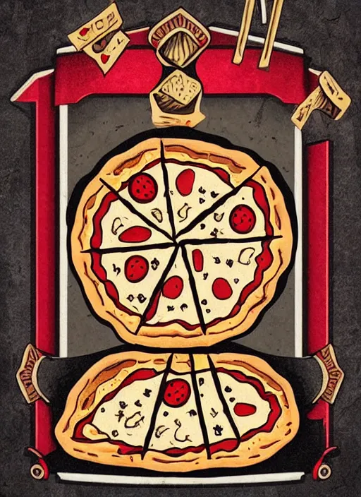 Image similar to tarot card of pizza, meaning tasty food, high quality image, modern digital art, stylish, black and red