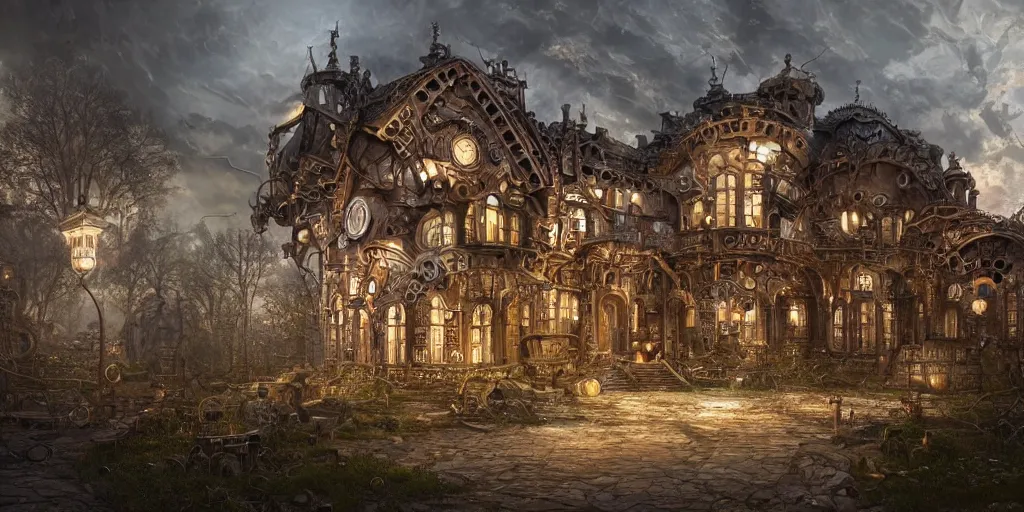 Prompt: beautiful house made of mechanical watch parts, gears, cogs, jewels, architectural render, by jaroslaw jasnikowski, by gabriel dawe, by skottie young, by jessica rossier, by isaac cordal, metal architecture, trending on artstation, photorealistic, 8 k, steampunk