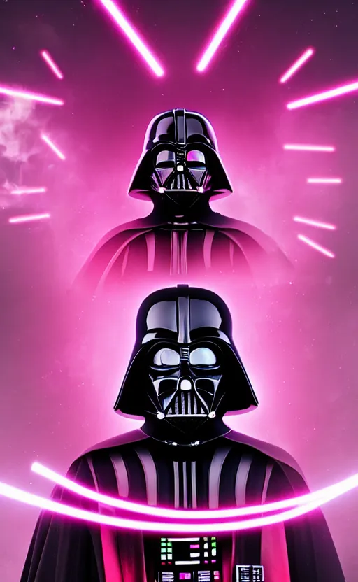 Image similar to darth vader synth wave retro wave vapor wave white and pink lighting and clothes and tech cyberpunk style ultra realistic high quality highly detailed 8 k