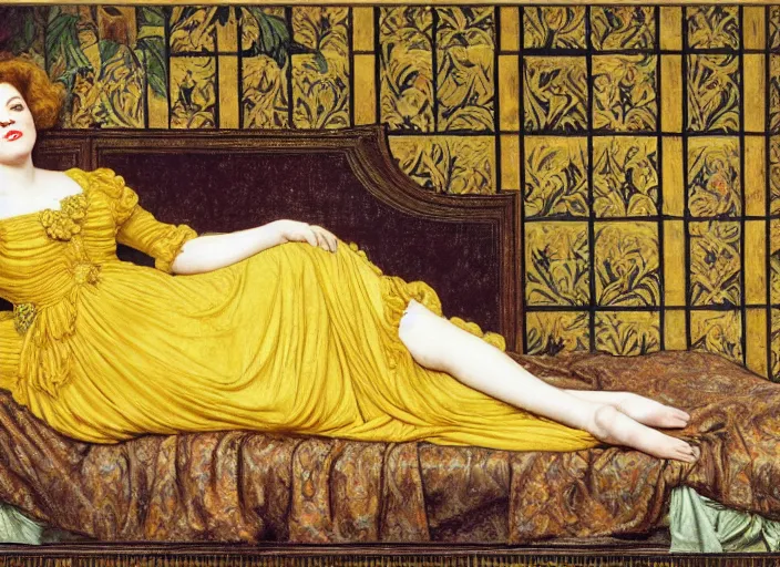 Image similar to portrait of judy garland reclining on bed, wearing yellow ochre ornate medieval dress, preraphaelite colour photography by frederic leighton, william morris, 8 k