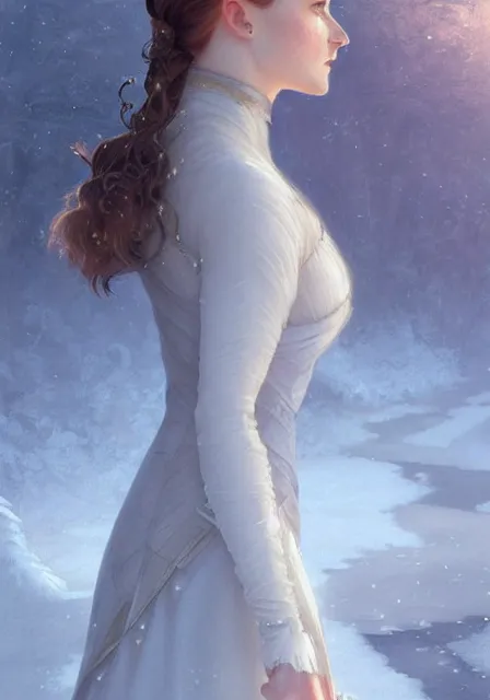 Image similar to sansa emma watson snow queen in ice dress, intricate, elegant, highly detailed, digital painting, artstation, concept art, smooth, sharp focus, illustration, art by artgerm and greg rutkowski and alphonse mucha and william - adolphe bouguereau