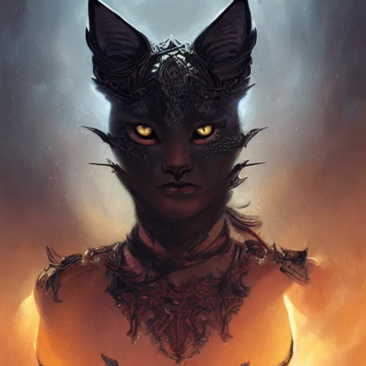 Image similar to portrait of a demon kitty, fantasy, intricate, elegant, highly detailed, digital painting, artstation, concept art, matte, sharp focus, illustration, art by aenaluck and roberto ferri and greg rutkowski, dark mood, epic fantasy, digital painting