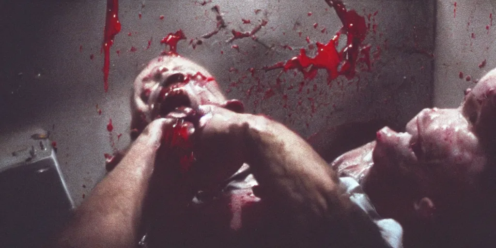 Prompt: filmic extreme wide shot dutch angle movie still 35mm film color photograph of a doctor getting his head sliced clean in half, dripping blood, in the style of an intense nightmarish realistic horror film