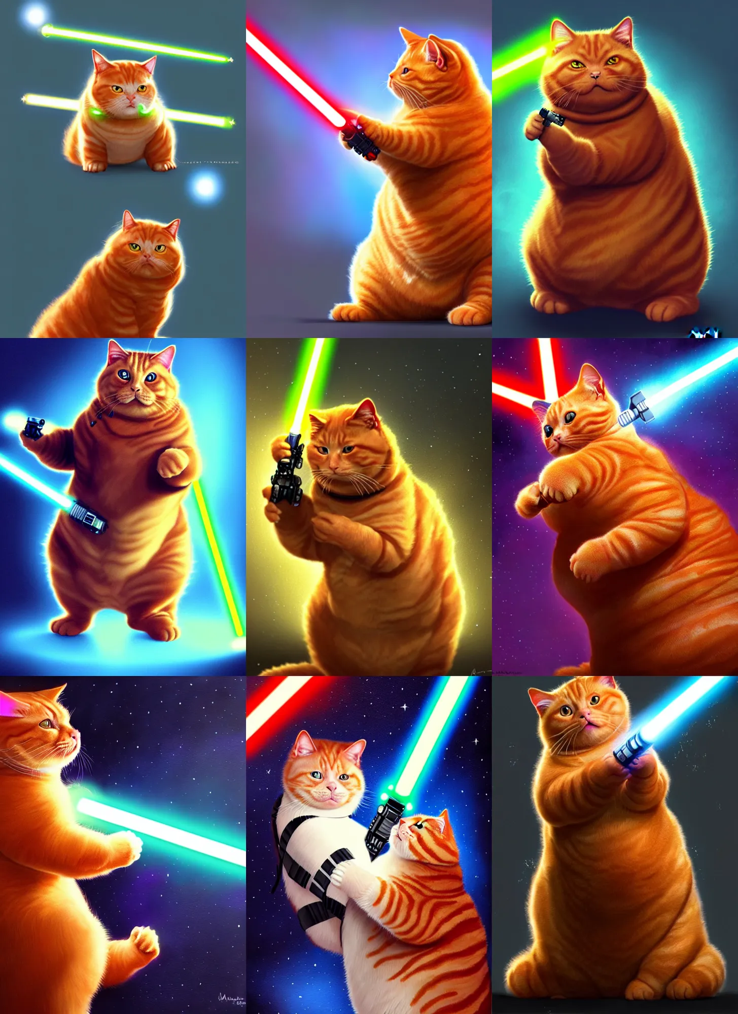 Prompt: a fat ginger cat holding a lightsaber, fight, star wars, beautiful glowing lights, sci - fi, photo realistic, stunning, intricate, elegant. highly detailed, digital painting. artstation. smooth. sharp focus.