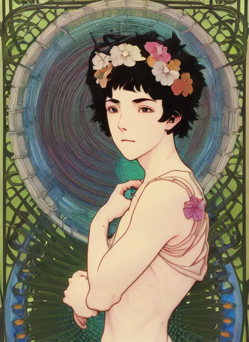 Prompt: pretty young man with short black hair, male, half body shot, path traced, highly detailed, high quality, digital painting, by studio ghibli and alphonse mucha, leesha hannigan, hidari, art nouveau, chiho aoshima, posuka demizu