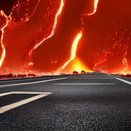 Prompt: lava coming out of cracks in the street, people running, cinematic, photorealistic