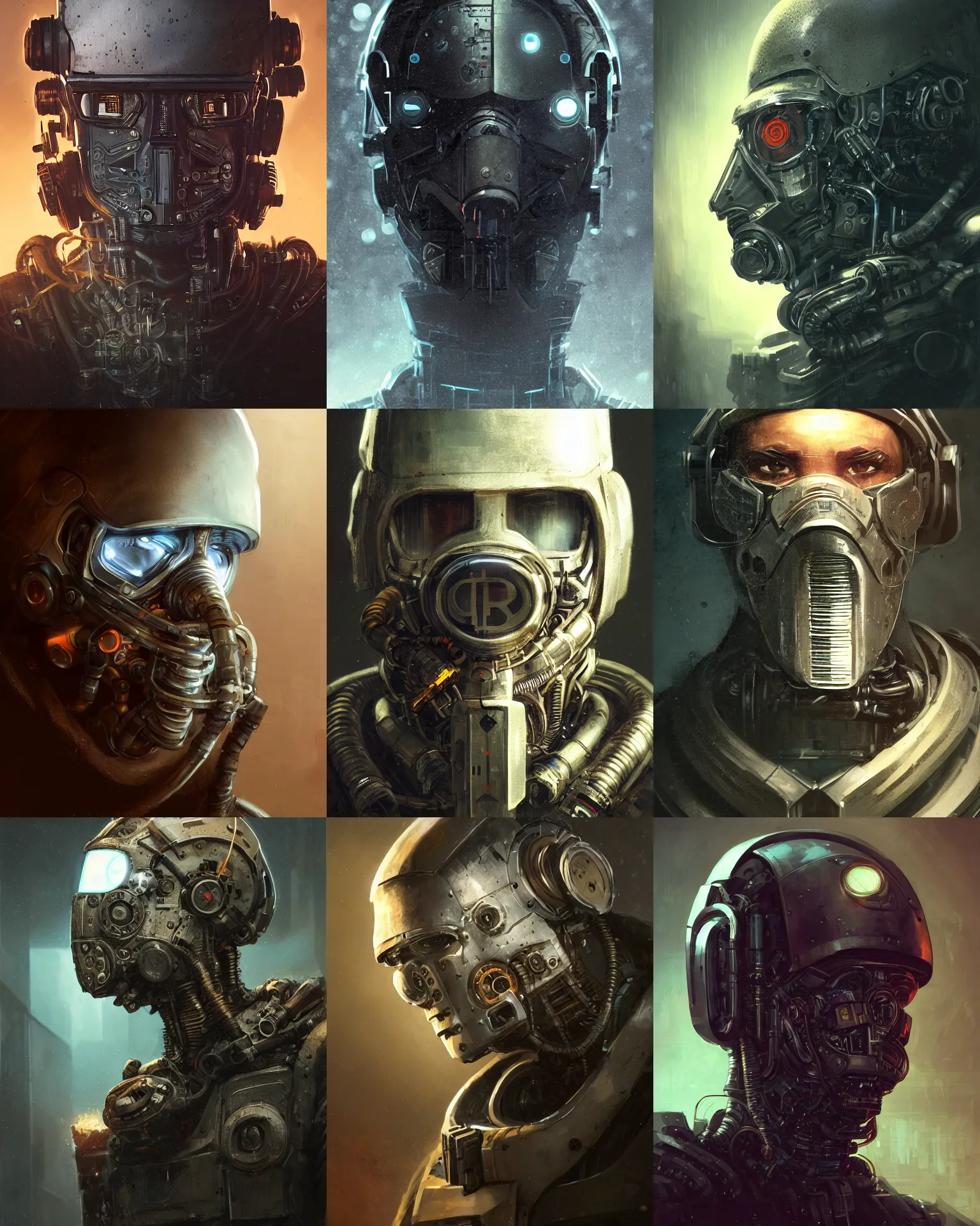 Prompt: a rugged bitcoin engineer man with cybernetic enhancements, detailed mask, scifi character portrait by greg rutkowski, esuthio, craig mullins, 1 / 4 headshot, cinematic lighting, dystopian scifi gear, gloomy, profile picture, mechanical, half robot, implants, steampunk, warm colors