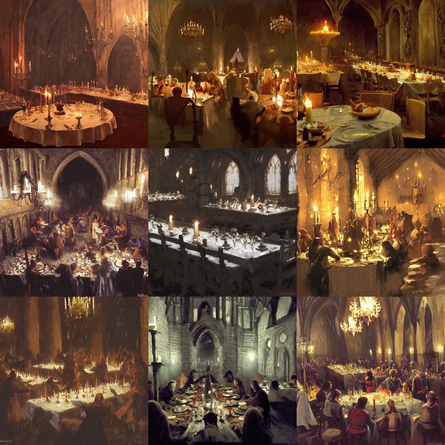 Prompt: medieval feast, castle great hall, lots of food, candles, moody, hazy, table, detailed by greg manchess, craig mullins, walter everett