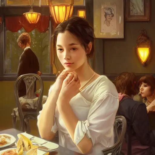 Prompt: a dinner date with the girl next door, slice of life, varying ethnicities, modern, realistic, looking at the camera, enjoying life!!! elegant, highly detailed, digital painting, artstation, concept art, matte, sharp focus, illustration, art by artgerm and greg rutkowski and alphonse mucha