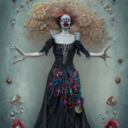 Image similar to ultra realist soft painting of a single beautiful female clown with gothic makeup big smile croocked teeth in a long dress, curiosities carnival, symmetry accurate features, very intricate details, focus, curvy, artstyle by Tom Bagshaw, award winning