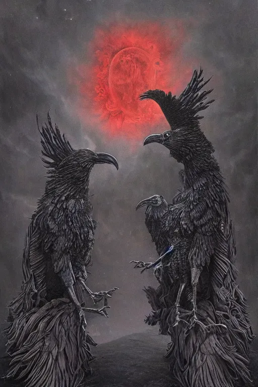 Prompt: Intricate stunning highly detailed surreal ravens by agostino arrivabene and Seb McKinnon, red and black color theme, sculpture, ultra realistic, Horror vacui, full moon, thick swirling smoke tornado, fire embers, trending on artstation