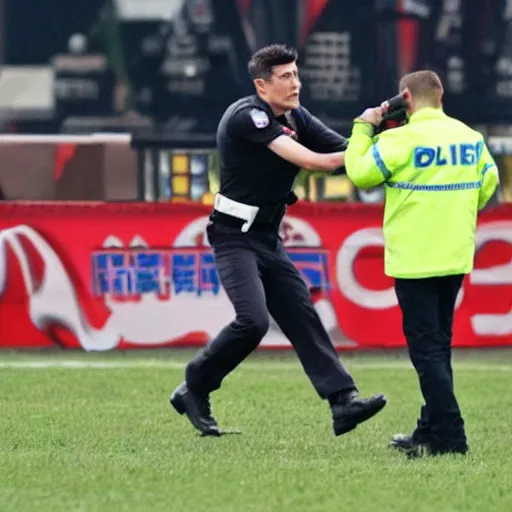 Image similar to robert lewandowski with a gun, fighting policemen