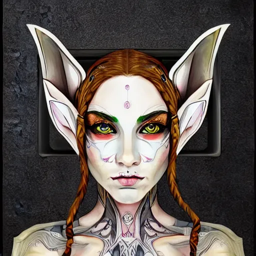 Image similar to masterpiece symmetrical painted portrait of a beautiful elf in a cyberpunk style