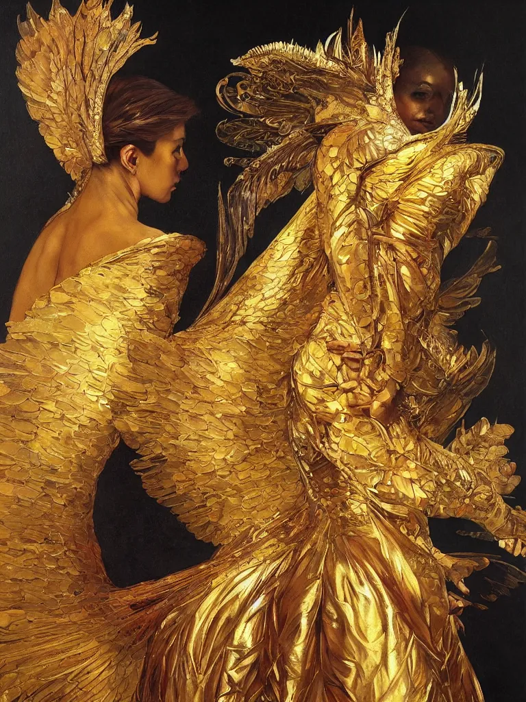 Image similar to portrait of a beautiful queen in winged golden armor, with luminous eyes , full-length, oil painting , very detailed, out of focus background, painted by Caravaggio, Greg rutkowski, Sachin Teng, Thomas Kindkade, Alphonse Mucha, Norman Rockwell, Tom Bagshaw