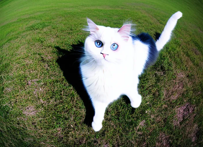 Prompt: a photo of a ragdoll cat wearing a business suit in a sunny field, fisheye lens