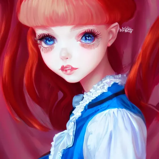 Image similar to a girl wearing lolita clothes, red hair, blue eyes, highly detailed, digital painting, artstation, concept art, smooth, sharp focus, illustration