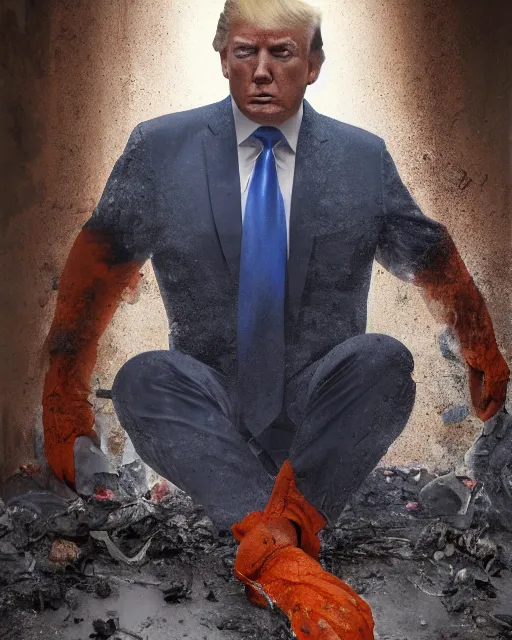 Image similar to a head and shoulders portrait of Donald trump wearing a orange jumpsuit, sitting on the floor of a filthy rat infested concrete jail, dimly lit, volumetric lighting, in jail by craig mullins and Annie Leibowitz, octane, 8k,