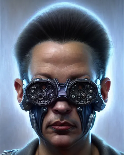 Image similar to front shot of a cyberpunk criminal mastermind character, intricate, elegant, highly detailed, centered, (((artstation, concept art, smooth, sharp focus, artgerm, Tomasz Alen Kopera, Peter Mohrbacher, donato giancola, Joseph Christian Leyendecker, WLOP, Boris Vallejo))), mugshot!!!!!, ugly!!!!!!