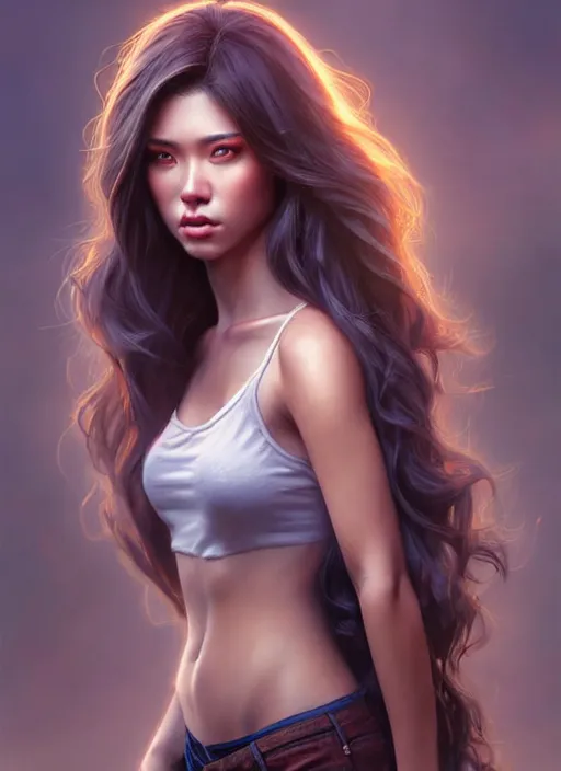 Image similar to a gorgeous female with long ashy hair in the style of stefan kostic, realistic, full body shot, wide angle, sharp focus, 8 k high definition, insanely detailed, intricate, elegant, art by stanley lau and artgerm, floating embers