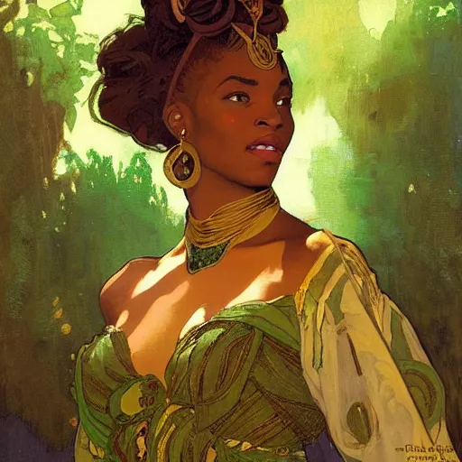 Prompt: a duchess from !Nubia, african, wearing elaborate green and gold, !updo hair, charismatic, warm friendly face, half-body shot, fantasy character portrait by Alphonse Mucha, Greg Rutkowski, Craig Mullins, Gaston Bussiere