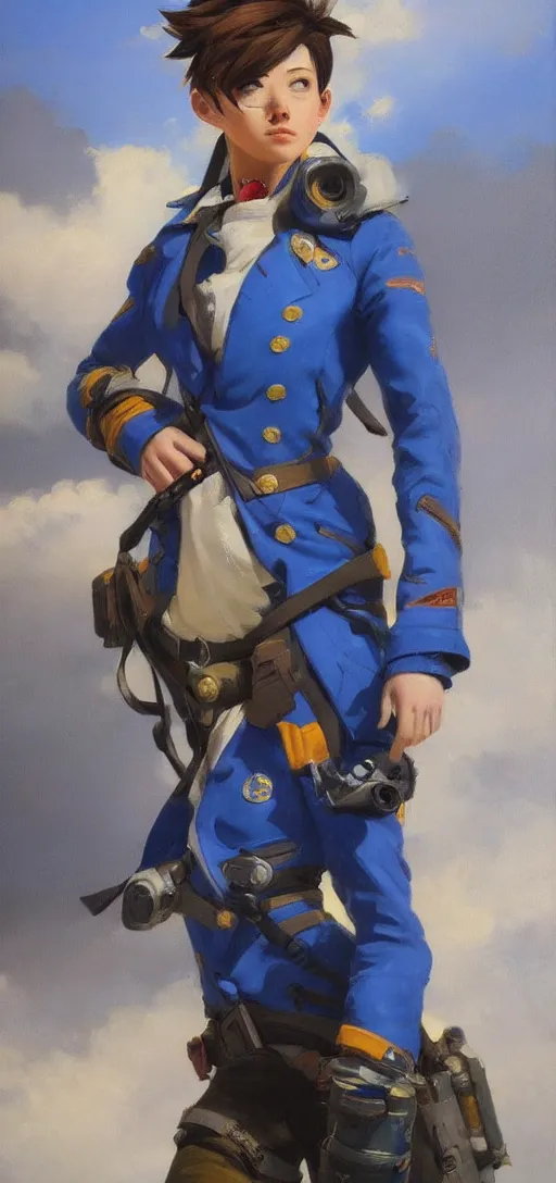 Image similar to oil painting of tracer overwatch in a field wearing blue uniform, in style of ivan aivazovsky, expressive face, detailed face, detailed eyes, full body, feminine face, tracer overwatch,