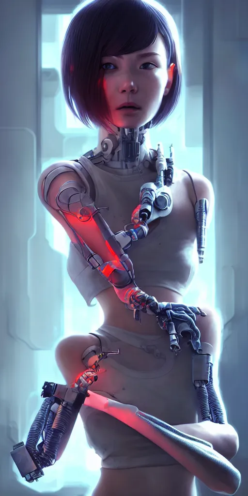 Prompt: realistic render of a cyborg - girl tearing off an arm by ross draws, futuristic dystopian city by ilya kuvshinov, digital anime art by ross tran, extreme intricate details, composition by sana takeda, lighting by greg rutkowski