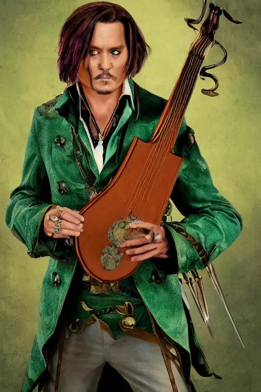 Image similar to Breathtaking comic book style of Johny Depp portrayed as a Dungeons and Dragons bard, playing the lute and wearing a pale green jacket in the style of Ralph Dorsey