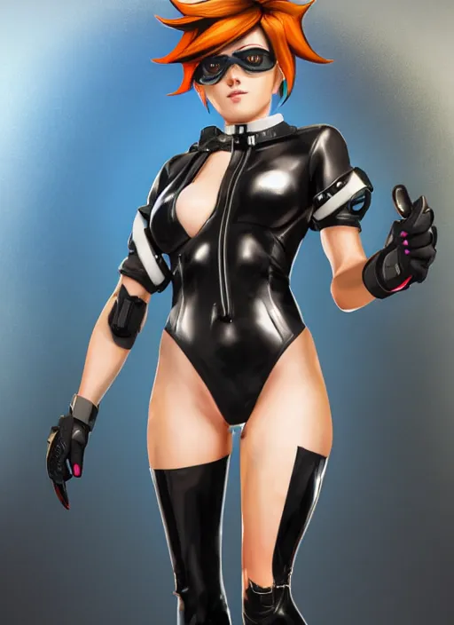 Image similar to full body digital artwork of tracer overwatch, wearing black iridescent rainbow latex swimsuit, 4 k, expressive happy smug expression, makeup, in style of mark arian, wearing detailed black leather collar, wearing chains, black leather harness, leather cuffs around wrists, detailed face and eyes,