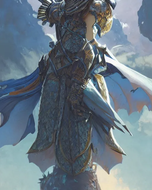 Image similar to Portrait of a Fantasy azure knight, moonlit, HD, illustration, epic, D&D, fantasy, intricate, elegant, highly detailed, digital painting, artstation, concept art, smooth, sharp focus, illustration, art by artgerm and greg rutkowski and alphonse mucha, monster hunter illustrations art book